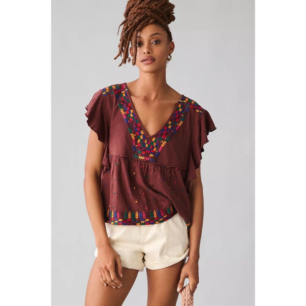 Anthropologie Women’s Brown Embroidered Peplum Sleeve Size Medium